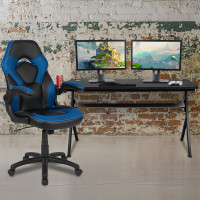 Flash Furniture BLN-X10D1904L-BL-GG Gaming Desk and Blue/Black Racing Chair Set /Cup Holder/Headphone Hook/Removable Mouse Pad Top - 2 Wire Management Holes